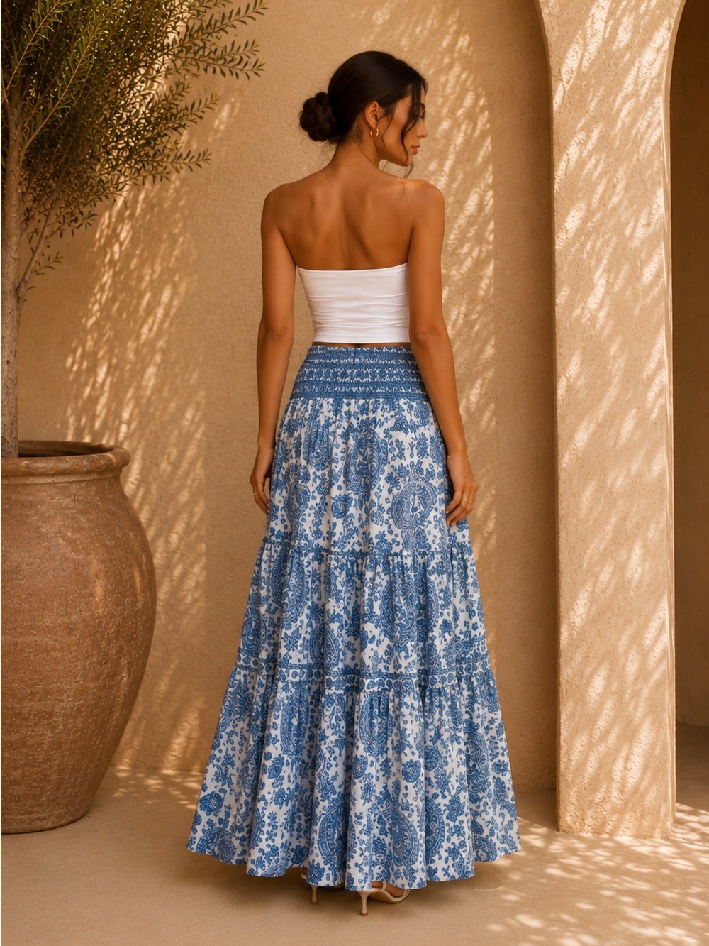 Commense Blue Paisley Smocked Tiered Maxi Skirt S | European Summer Skirt - Picture 2 of 6